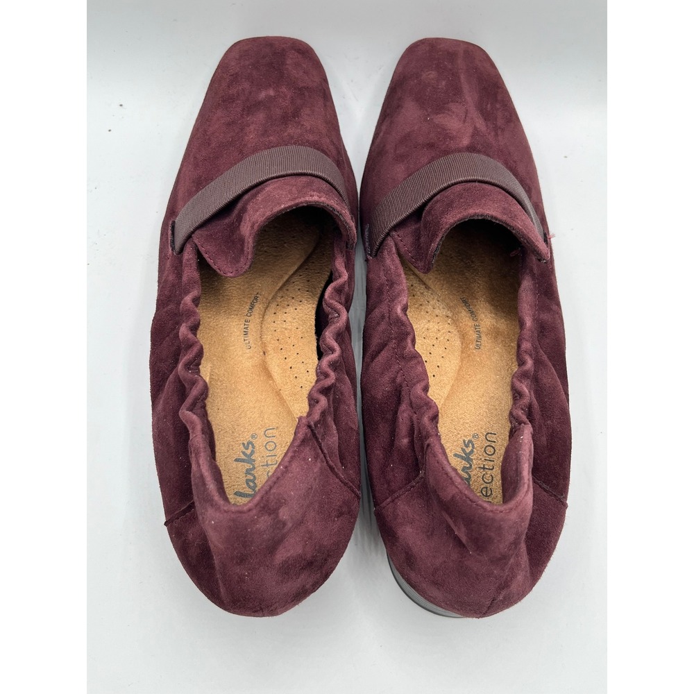 Clarks Pure Tone Burgundy Suede Square Toe Loafers Women Sz 9W Wide 261677925065 - Picture 8 of 9